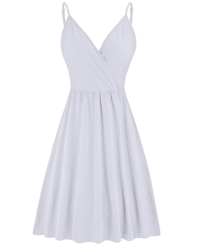 STYLEWORD Women's V Neck Spaghetti Strap Summer Casual Swing Dress with Pocket (White-429,L) - Image 2